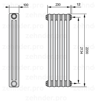Схема (чертеж) Радиатор Zehnder Charleston 3220/5 №7610 Белый глянцевый RAL 9016